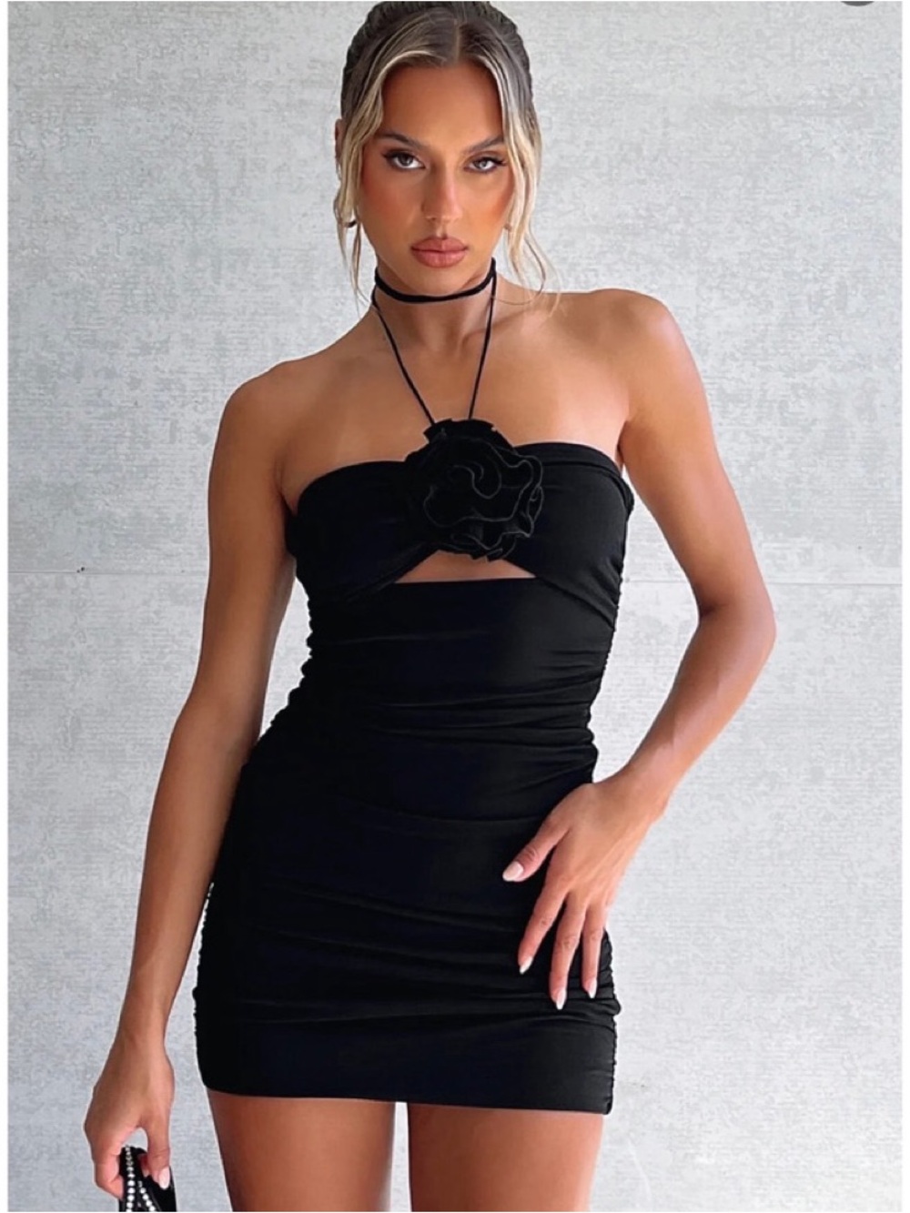White Fox  Black Ruched Mini Dress with Floral Accent